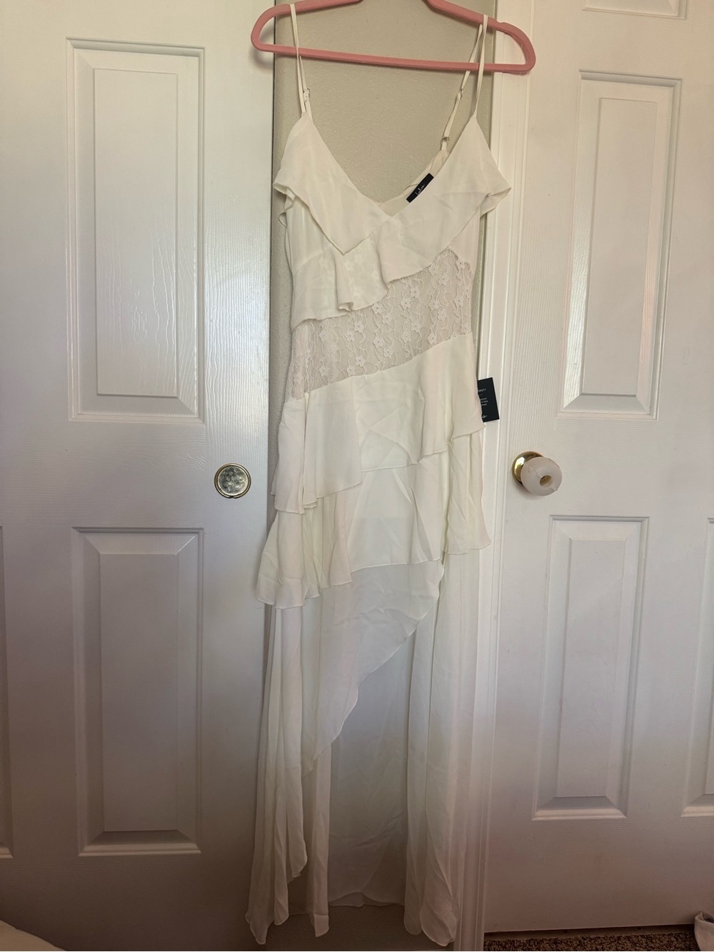 Lulu's White Lace Asymmetrical Ruffle Maxi Dress